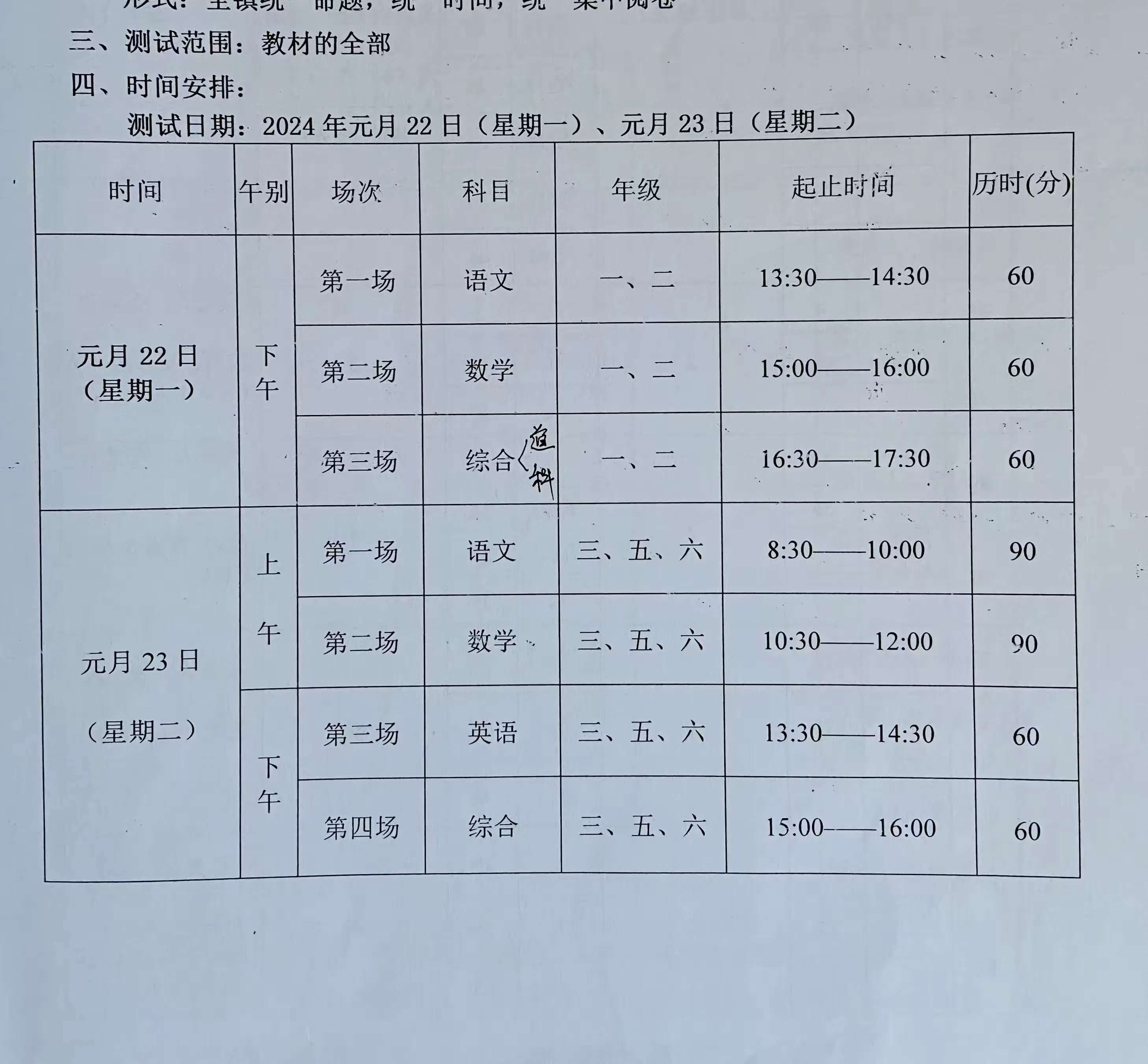简篇-终南镇老堡子村小学2023-2024学年第一学期期末学生学业水平测试暨假期安全告家长书