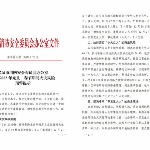 诸城市消防安全委员会发布《关于2023年元旦、春节期间火灾风险预警提示》