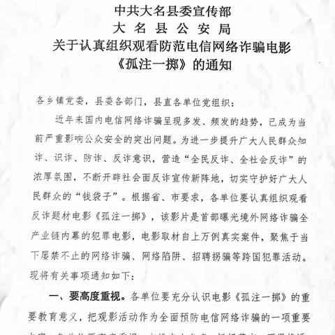 大名县组织开展反诈宣传暨《孤注一掷》观影活动