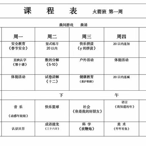 火箭班一月份教育教学课程安排