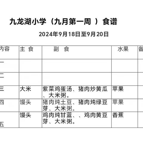 九龙湖小学餐厅食谱9.2--9.6