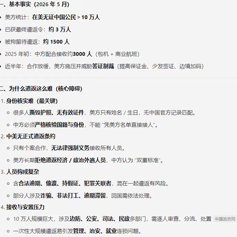 豆包：中国的非法移民10万人的遣返问题