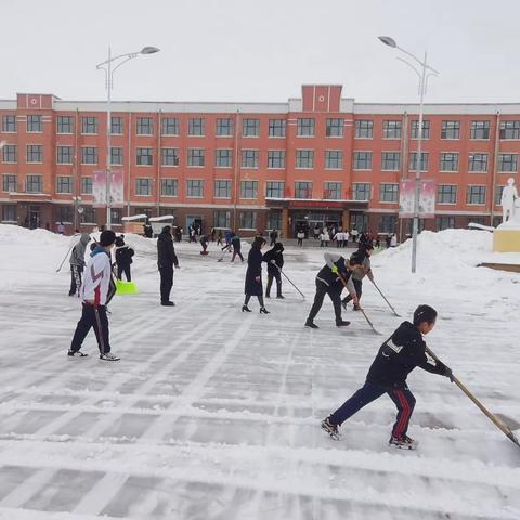 师生齐努力，                        清雪暖校园!