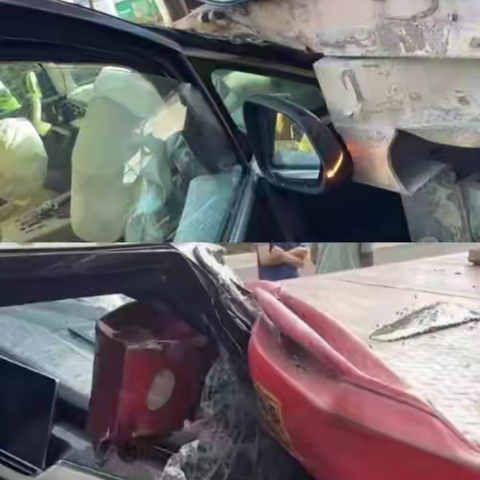 腾势D9追尾大货车，A柱纹丝不动