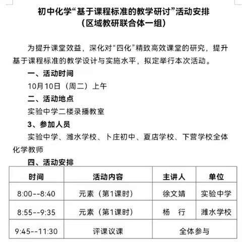 区域教研树新风，以研促教求共赢--初中化学“基于课程标准的教学研讨”活动（区域教研联合体一组）