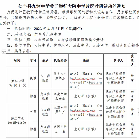 课堂展风采，教研促成长---九渡中学承办大阿中学片区教研活动掠影