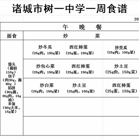 诸城市树一中学一周食谱 2024.4.28-2024.4.30