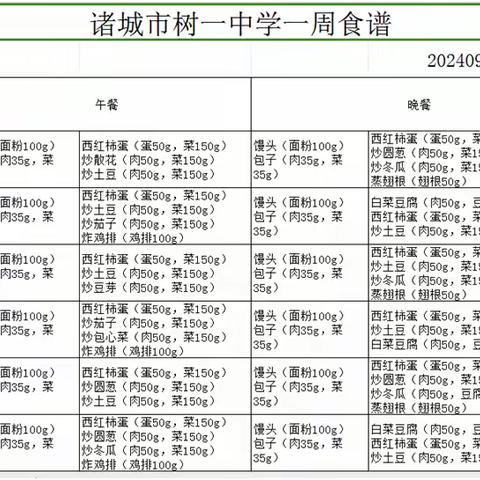 诸城市树一中学一周食谱 20240909-20240914