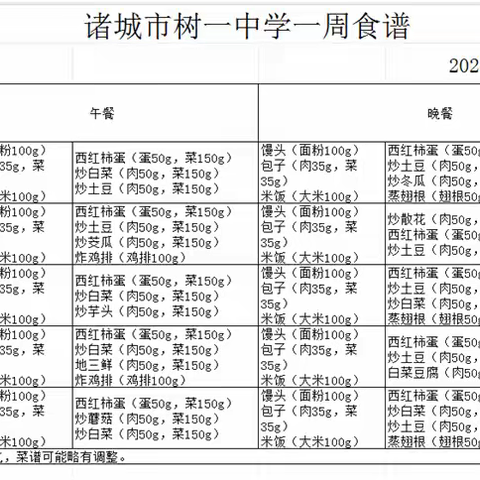 诸城市树一中学一周食谱 20241028-20241101