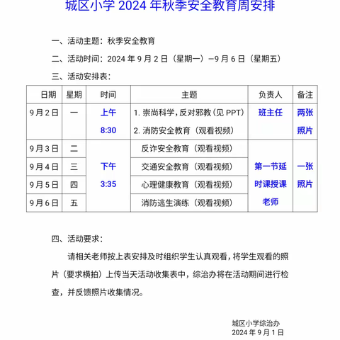 [校园安全周] 筑牢安全防线 护航金秋开学季 ——城区小学开学安全教育周系列活动