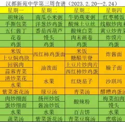 汉都新苑中学第三周食谱