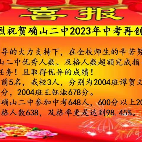 喜报！热烈祝贺确山二中2023年中考再创佳绩！