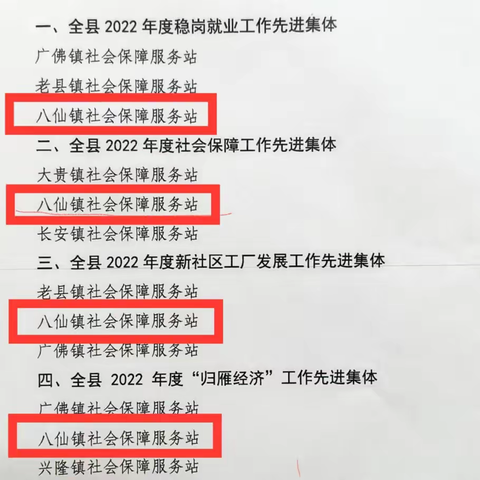 喜报！八仙镇社会保障服务站获多个“先进集体”荣誉称号