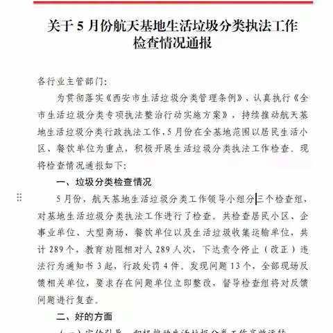 5月航天基地垃圾分类执法情况通报