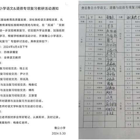 凝心聚力 全力以“复”——费县鲁公小学语文&道德与法治期末复习专项研讨活动