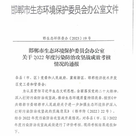 广平县2022年度污染防治攻坚战成效考核优秀