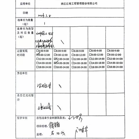 中山大学·深圳建设工程项目施工总包（Ⅲ标）现场安全巡查及违章作业纠察记录（2024.1.8）