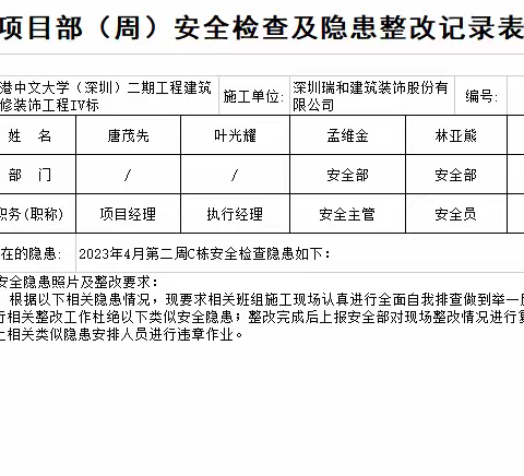 2023年4月16日香港中文大学（深圳）二期建设工程建筑装修装饰工程Ⅳ标四队一制简报