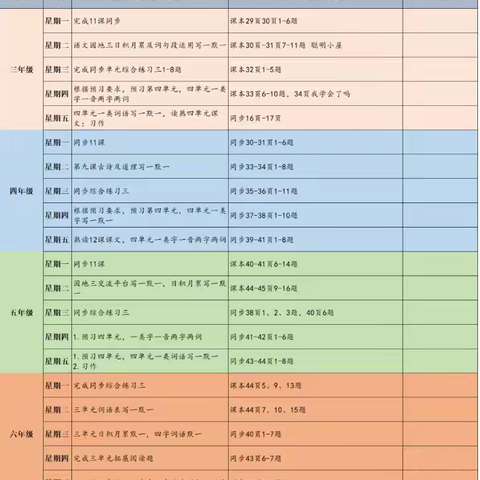 梁村镇中心小学第7周家庭作业清单