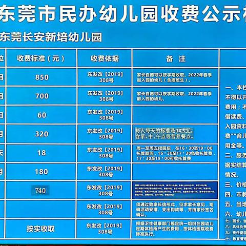 【收费公示】东莞市长安新培幼儿园2024年秋季学期收费公示