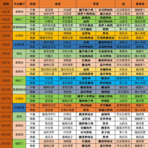 6月1日至6月16日食谱