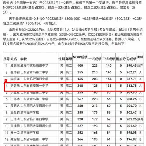 喜报！泰安一中学子房天乐入选信息学奥赛省队！