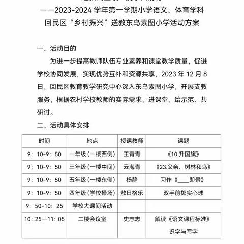 “送教传温暖  携手共前行” ——2023-2024学年第一学期小学语文、体育学科回民区教育教学研究中心“乡村振兴”送教东乌素图小学活动