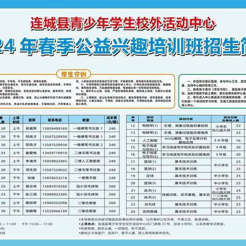 【开班啦】连城县青少年学生校外活动中心2024年春季公益兴趣培训班开始报名啦！