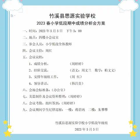 考而析得失 思而明未来——竹溪县思源实验学校小学低段2023春期中考试成绩分析会