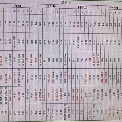 庆云县渤海小学总课程表