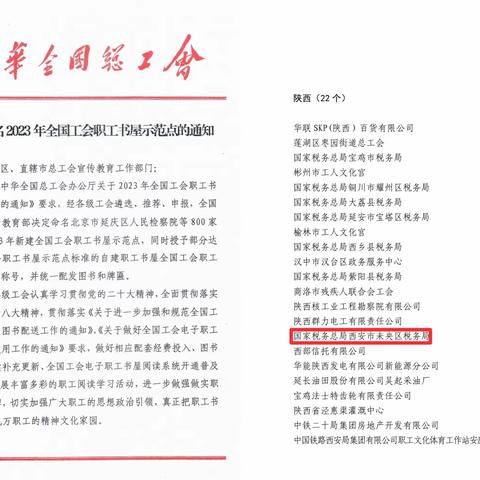 国家税务总局西安市未央区税务局荣获“全国工会职工书屋示范点”称号