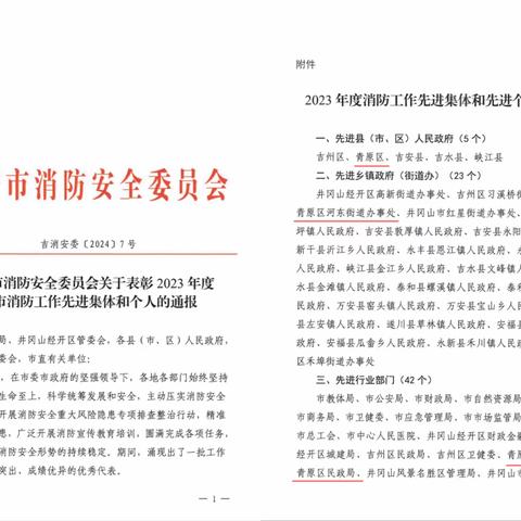 喜报！青原区人民政府连续三年获评全市消防工作先进县（市、区）人民政府