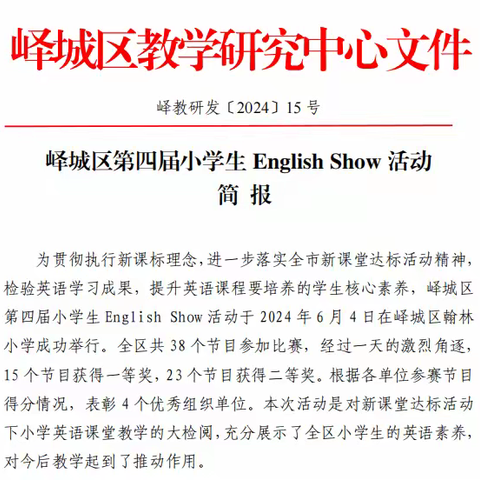 喜报！峄城区翰林小学在峄城区第四届小学英语English Show中荣获三个一等奖及优秀组织奖