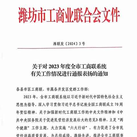 潍城区工商联多项工作受市工商联表扬