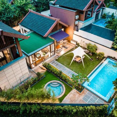 清远熹乐谷「9街2栋」幕秋来4房8床四合院、露营草坪天幕、温泉泳池别墅🏡