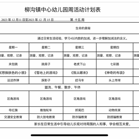 大一班第十五周教学内容