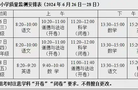 龙台小学2023-2024学年第二学期期末质量监测、暑假放假通知