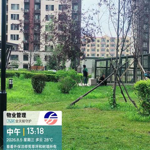 民乐福园小区物业园区修剪草坪中