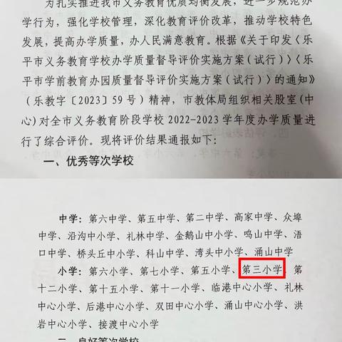 喜报——乐平市第三小学获评全市督导评估“优秀等次学校”