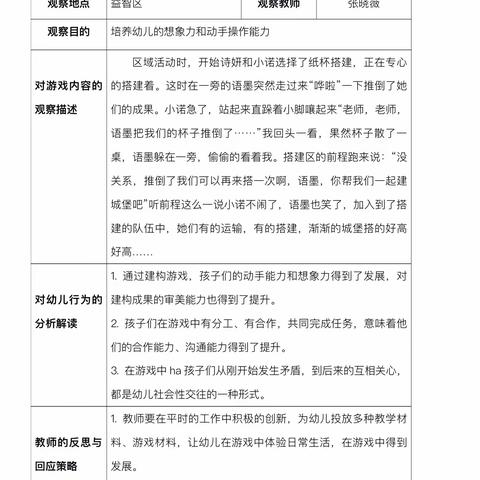 小一班十二月室内区域游戏观察记录