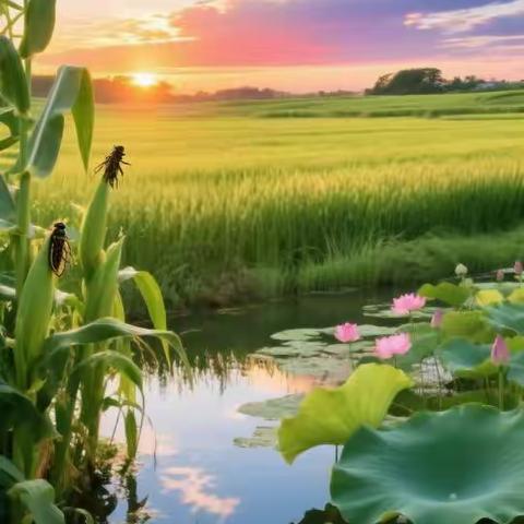 田园暮歌：夏日夕阳下的自然画卷