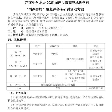 同课异构显匠心，研讨汇智明方向——记萍乡市2025届高三地理学科复课备考研讨会暨“同课异构”高效课堂活动