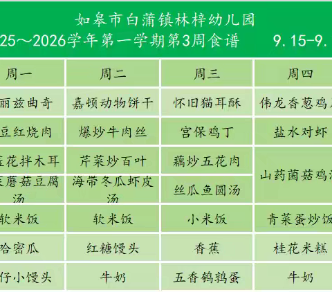 如皋市白蒲镇林梓幼儿园 2025～2026学年第一学期第3周食谱