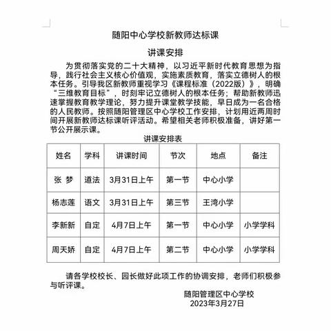 新教师绽芬芳 讲观评促成长——枣阳市随阳管理区中心学校新入职教师达标课听评课活动