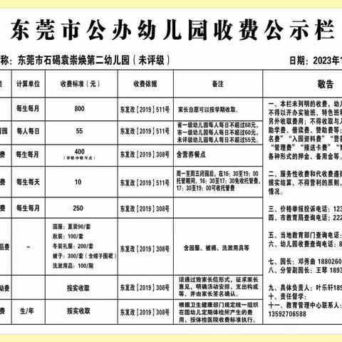 东莞市石碣袁崇焕第二幼儿园收费公示