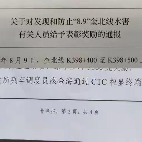 发现险情，积极处置。调度员康金海获集团公司奖励！