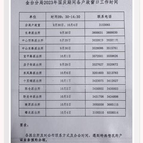 金台分局2023年国庆节期间﻿各户政窗口工作时间