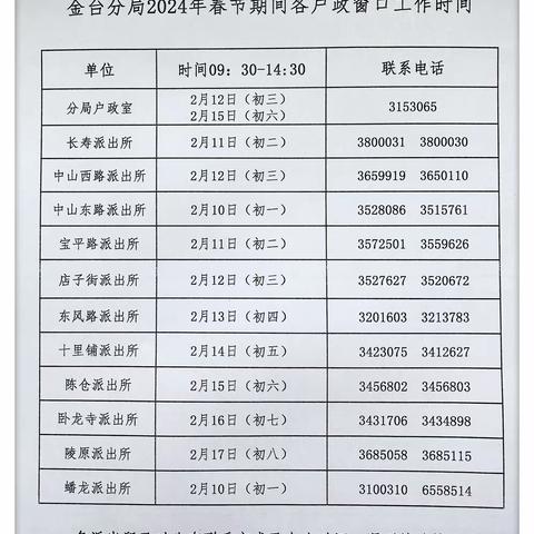 金台分局2024年春节期间各户政窗口工作时间