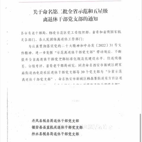 喜报❗️柞水县税务局退休干部党支部荣获“全省示范离退休干部党支部”