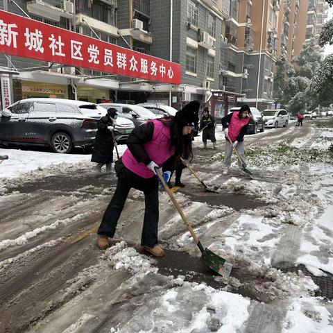 东湖新城社区新时代文明实践站开展“我为居民办实事·铲雪暖人心 除冰保出行”活动